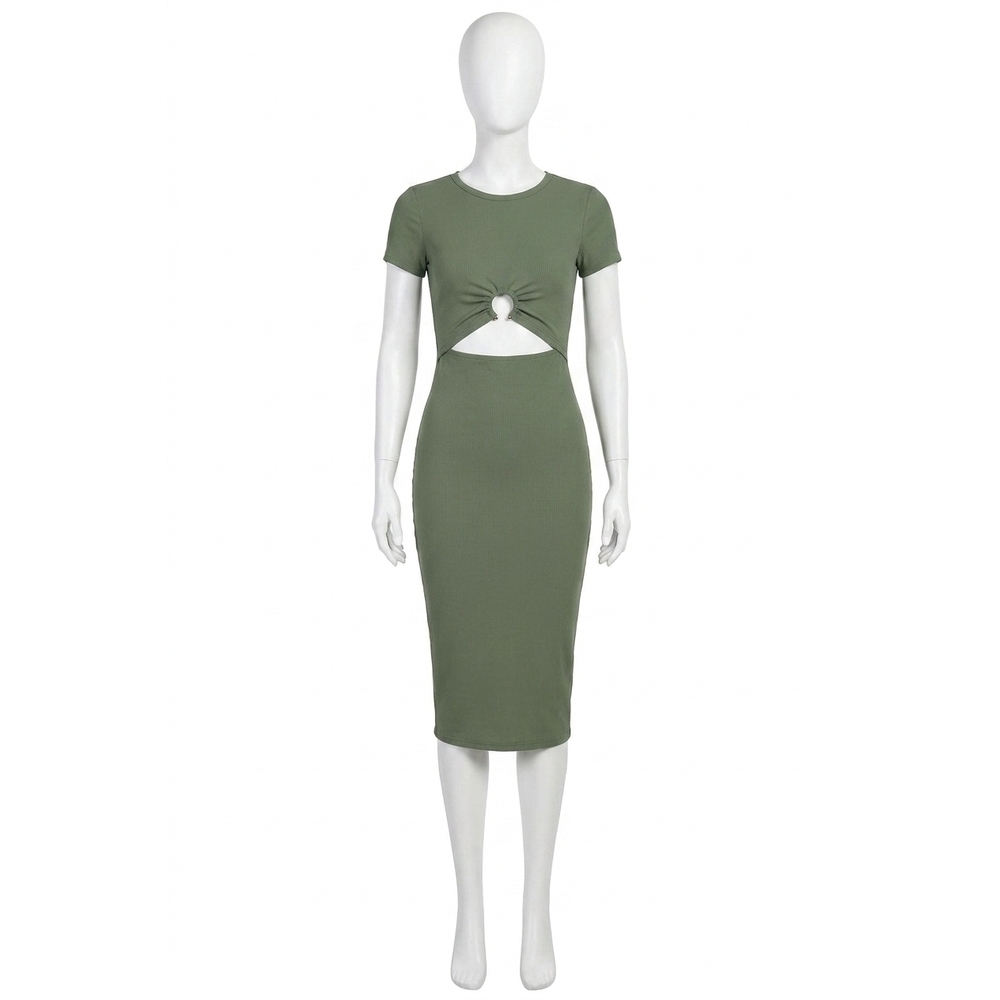 NEW ENDLESS BLU. short sleeve solid rib midi dress in moss green